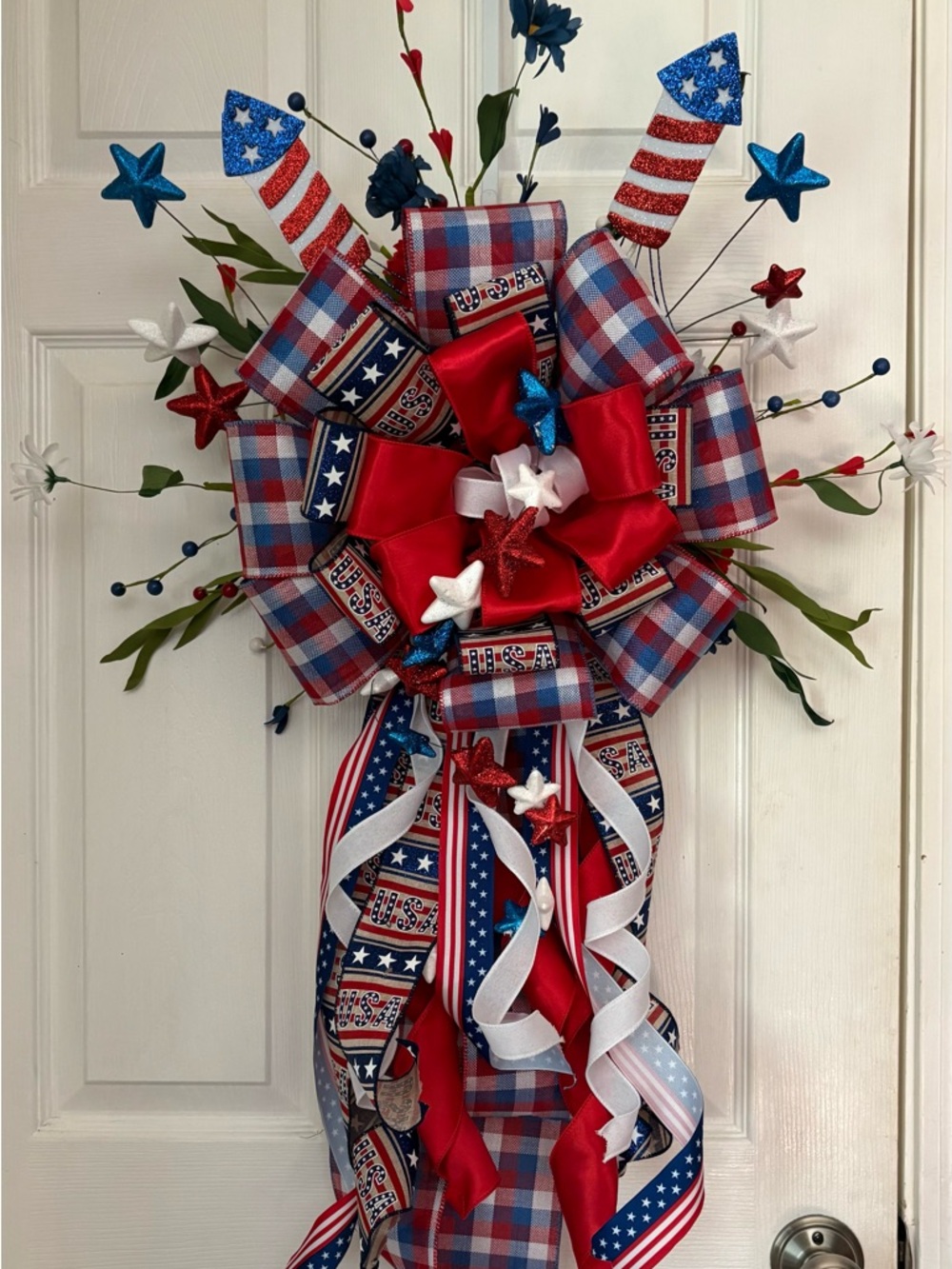 Patriotic Red, White & Blue Holiday Door Bow - USA Celebration